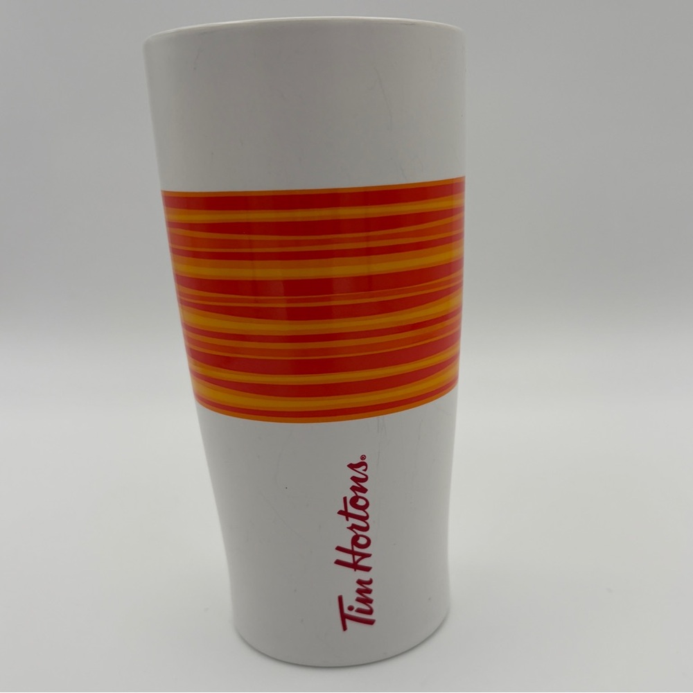 Tim Hortons 2015 Limited Edition Ceramic Travel Mug White Orange Stripes Lid